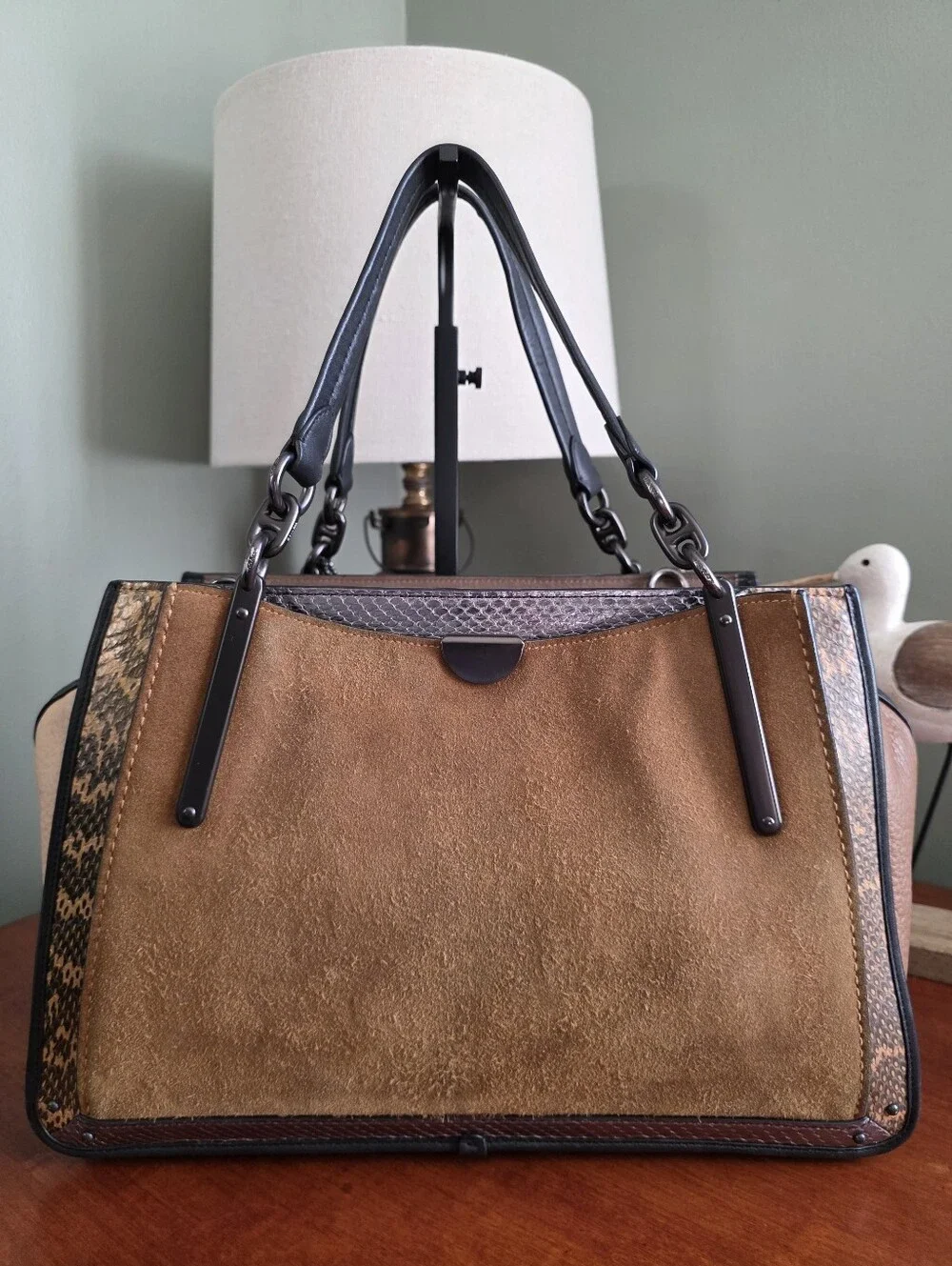 Coach Dreamer 36 37130 Colorblock Tan Suede Leather Snakeskin Satchel Bag